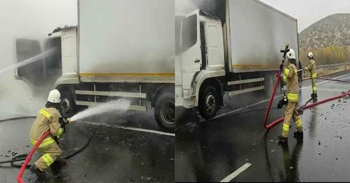 Lastikten çıkan kıvılcımlar kamyonu yaktı