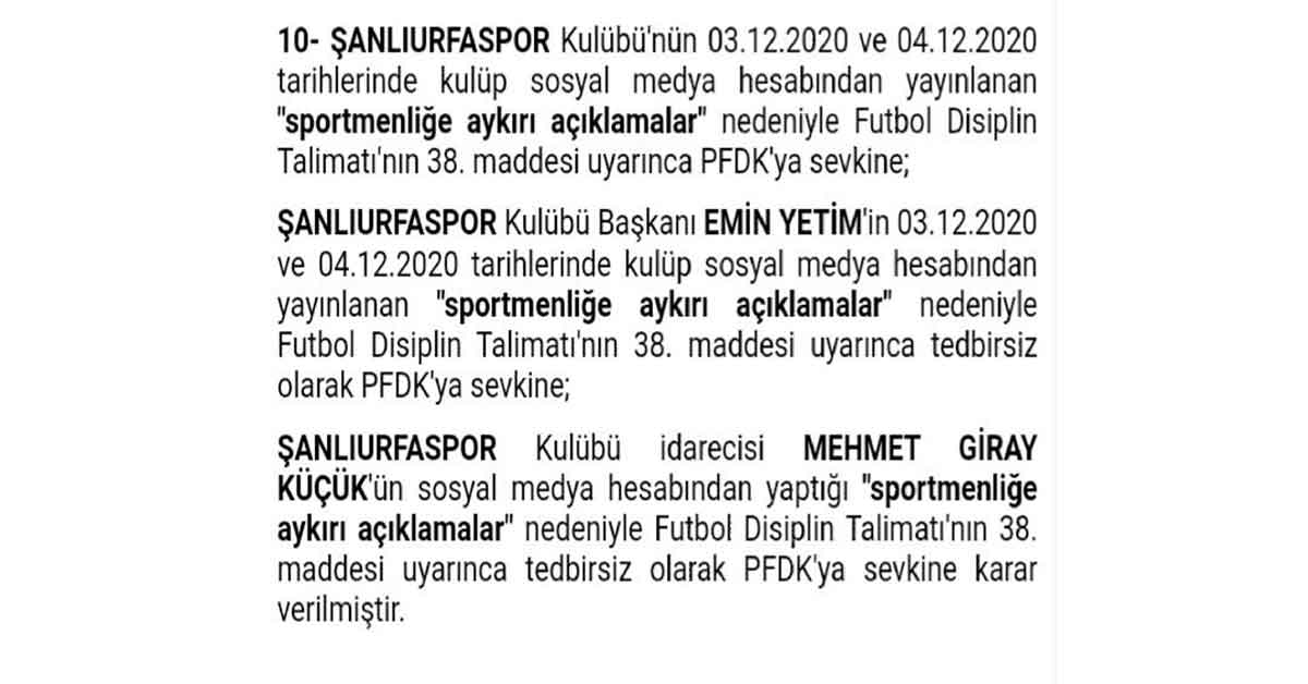 Urfalı MHK Başkanı Serdar Tatlı Urfasporu PFDK ya şikayet etti.