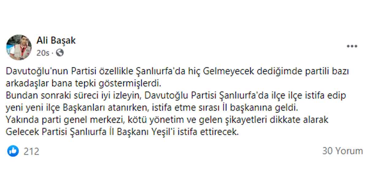 Gelecek Parti Şanlıurfa İl Başkanı İstifa Edecek 2 gelecek parti